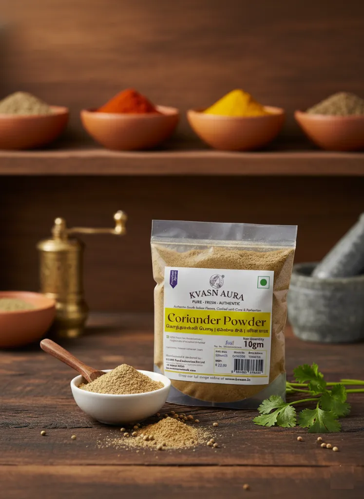 [KVASNAURA-PKT-COR-100G] 100 Gram - KVASN Aura Coriander Powder |கொத்தமல்லி பொடி| Dhaniya Powder | Fresh Aroma, Authentic Taste