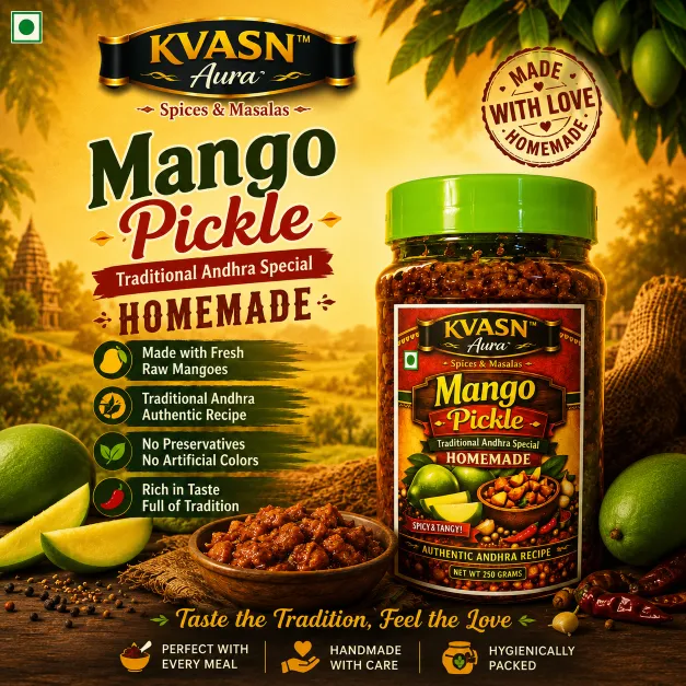 KVASN Aura Andhra Special Mango Pickle | Traditional Spicy Raw Mango Pickle | Homemade Style | Premium Quality Ingredients - 250 Grams