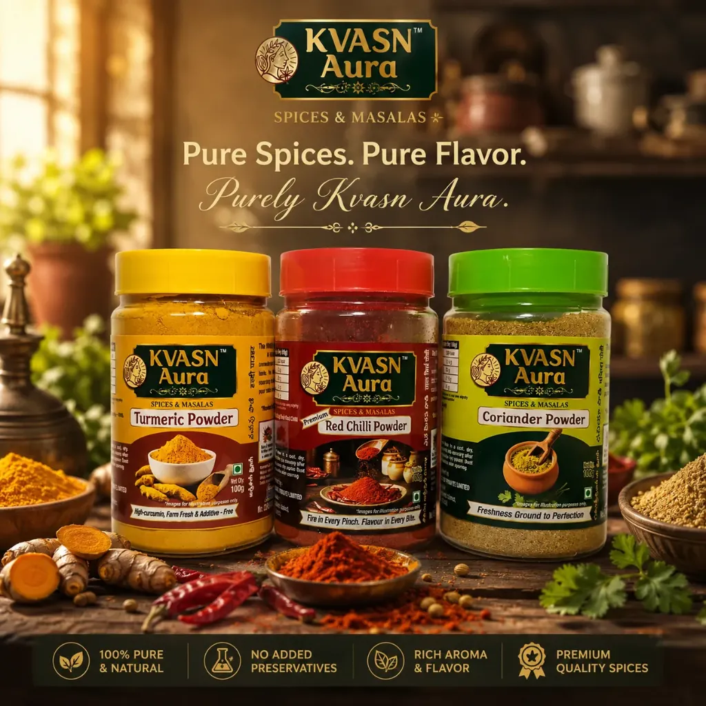 KVASN Aura Daily Cooking Combo – Essential Trio of Freshly Ground Turmeric, Red Chilli & Coriander Powders 3*100g Bottles