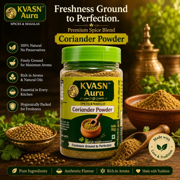 KVASN Aura Coriander Powder | Farm Fresh Dhaniya Powder | Pure & Chemical-Free | Natural Aroma & Flavor | Premium 100g + 20g Bottled Pack