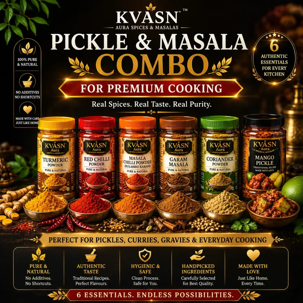 KVASN Aura Pickle & Masala Combo (PMC) – Premium Cooking Essentials Collection Pack of 6*100g