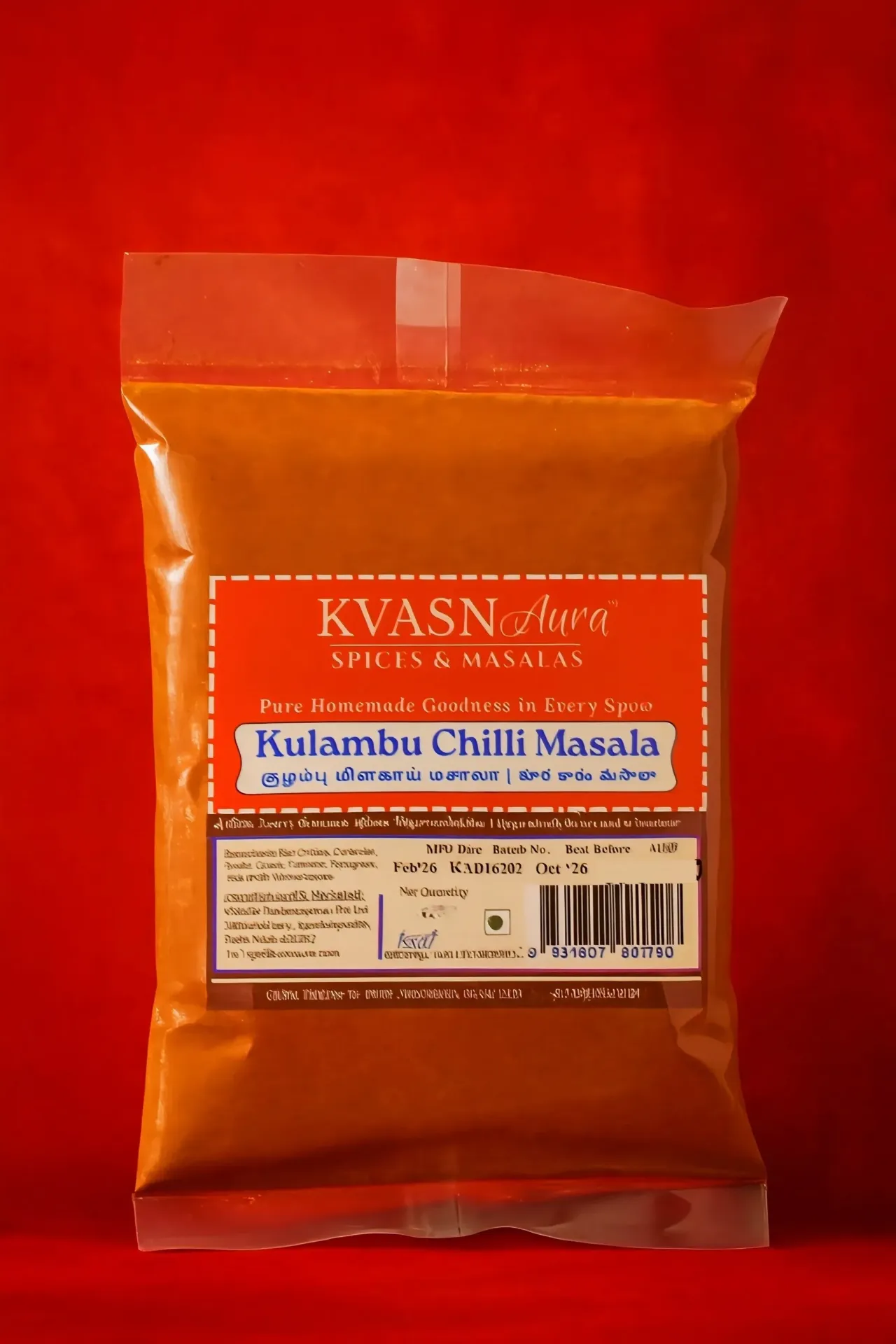 KVASN Aura Kulambu Chilli Masala – Homemade, Freshly Ground | Authentic South Indian Spice Blend | Value Packs (250g, 500g, 1kg)