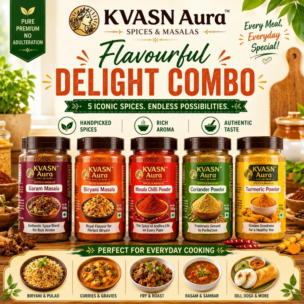 KVASN Aura Flavourful Delight Combo – Premium Masala & Spice Collection for Authentic Indian Cooking 5*100g