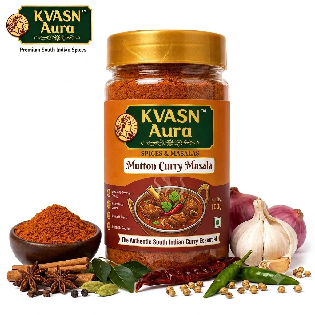 KVASN Aura Premium Mutton Curry Masala | Authentic South Indian -Style Spice Blend for Rich & Flavorful Mutton Curries| Homemade Taste |125g Bottled Pack